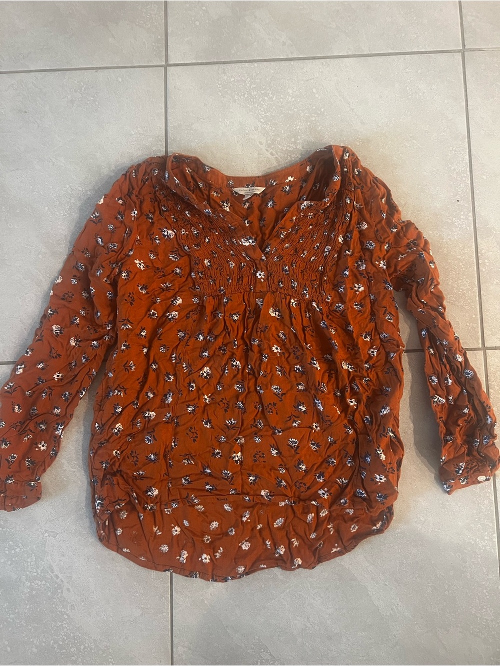 Lucky Brand Rust Floral Smocked Peasant Blouse